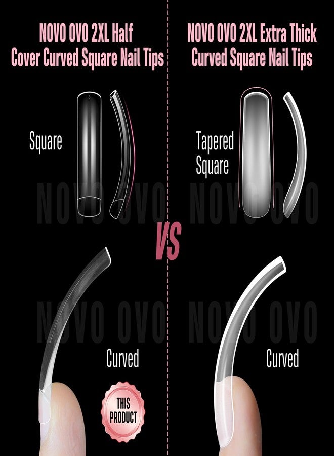 NOVO OVO Half Cover XXL Curved Nail Tips, Square Shallow Paste Soft Gel x Long L XL XXXL Hawk Curve Claw 90s' Y2K Fake Nails Extension kit, Clear Soft French False Nail for Acrylic 12 Sizes 240pc - Image 2